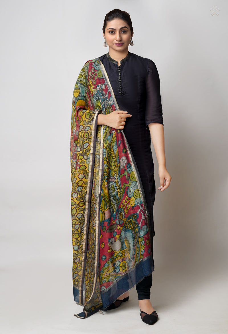 Red-Yellow Pure Pen Kalamkari Hand Painted Chanderi Cotton Silk Dupatta –UDS5454
