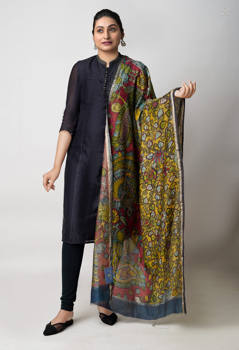 Red-Yellow Pure Pen Kalamkari Hand Painted Chanderi Cotton Silk Dupatta –UDS5454