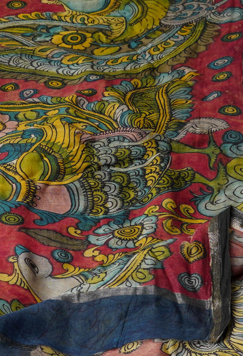 Red-Yellow Pure Pen Kalamkari Hand Painted Chanderi Cotton Silk Dupatta –UDS5454
