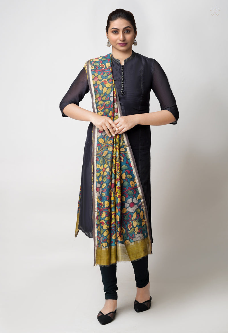 Yellow-Peacock Blue Pure Pen Kalamkari Hand Painted Chanderi Cotton Silk Dupatta –UDS5455