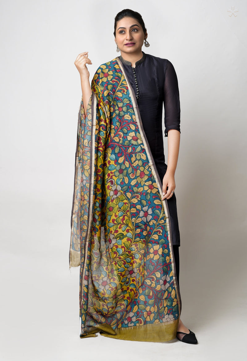 Yellow-Peacock Blue Pure Pen Kalamkari Hand Painted Chanderi Cotton Silk Dupatta –UDS5455