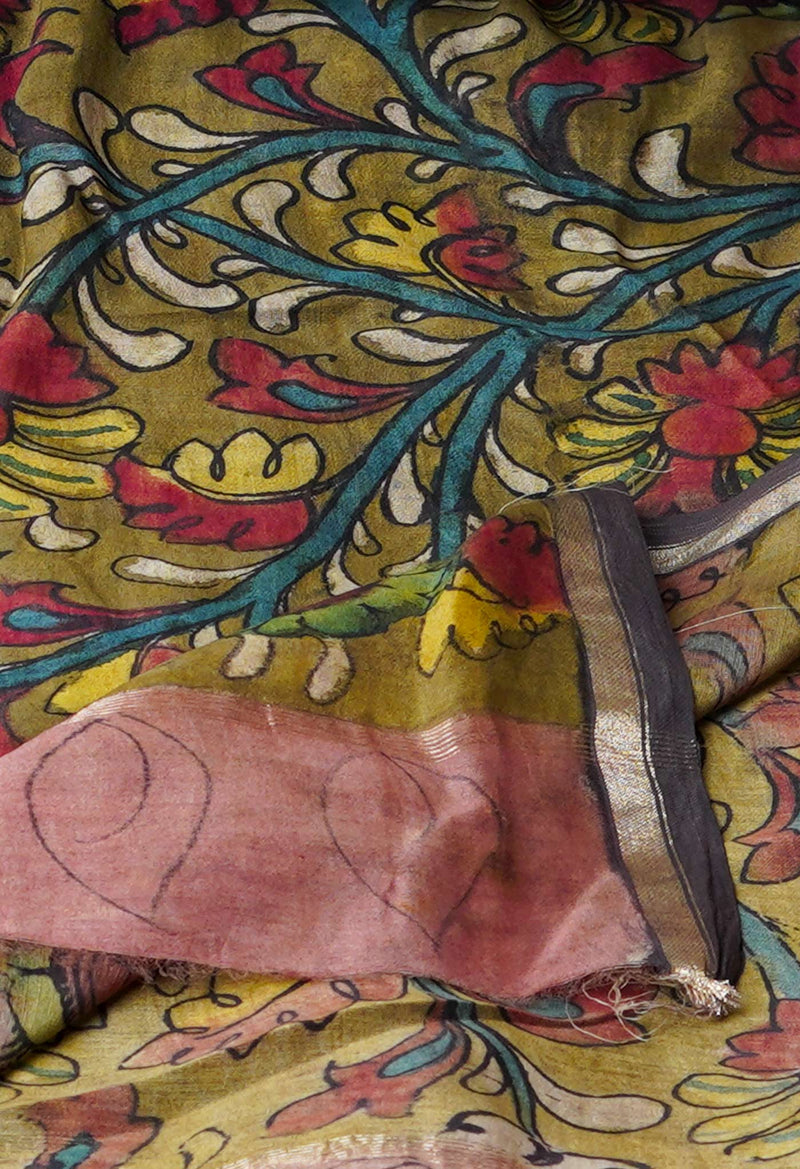Olive Green Pure Pen Kalamkari Hand Painted Chanderi Cotton Silk Dupatta –UDS5456