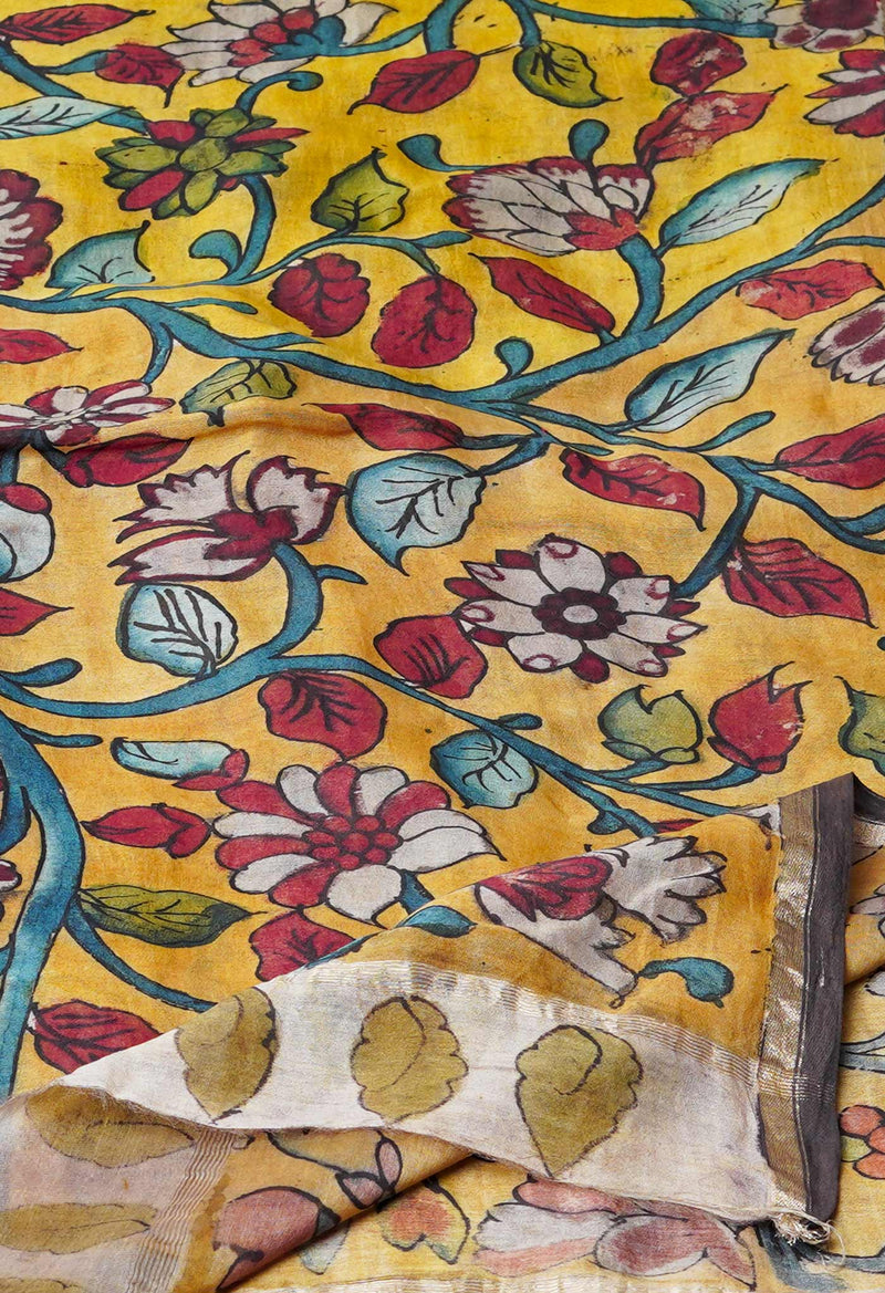 Yellow Pure Pen Kalamkari Hand Painted Chanderi Cotton Silk Dupatta –UDS5458