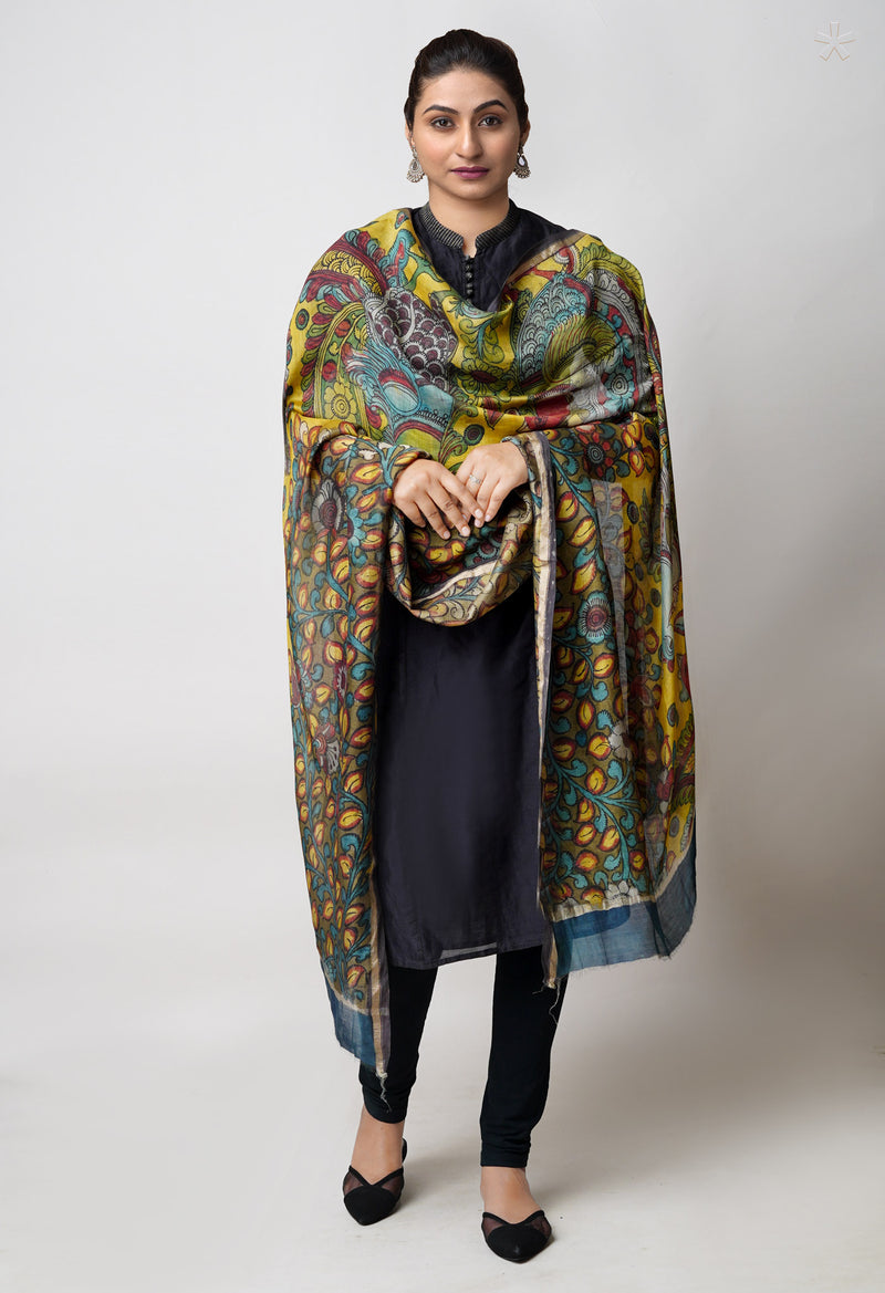 Yellow-Olive Green Pure Pen Kalamkari Hand Painted Chanderi Cotton Silk Dupatta –UDS5459