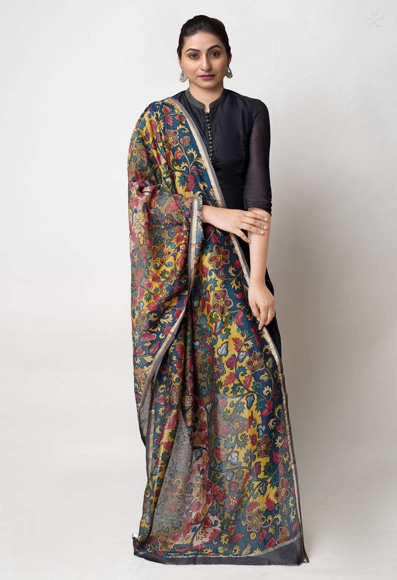 Multi Pure Pen Kalamkari Hand Painted Chanderi Cotton Silk Dupatta –UDS5460