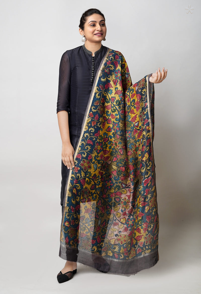 Multi Pure Pen Kalamkari Hand Painted Chanderi Cotton Silk Dupatta –UDS5460