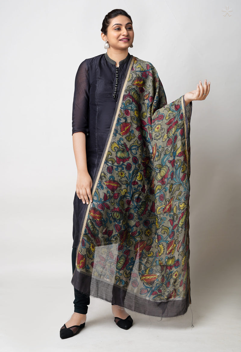 Pale Grey Pure Pen Kalamkari Hand Painted Chanderi Cotton Silk Dupatta –UDS5461