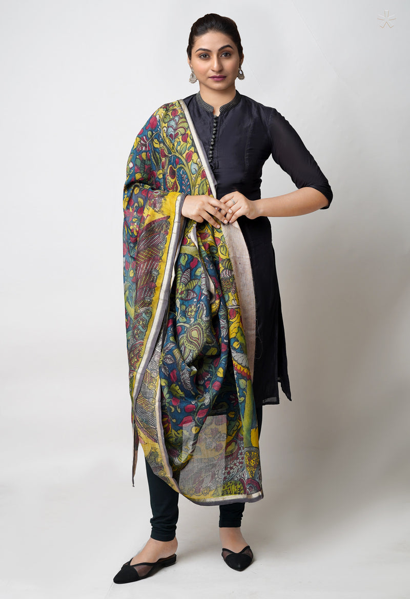 Peacock Blue Pure Pen Kalamkari Hand Painted Chanderi Cotton Silk Dupatta –UDS5464