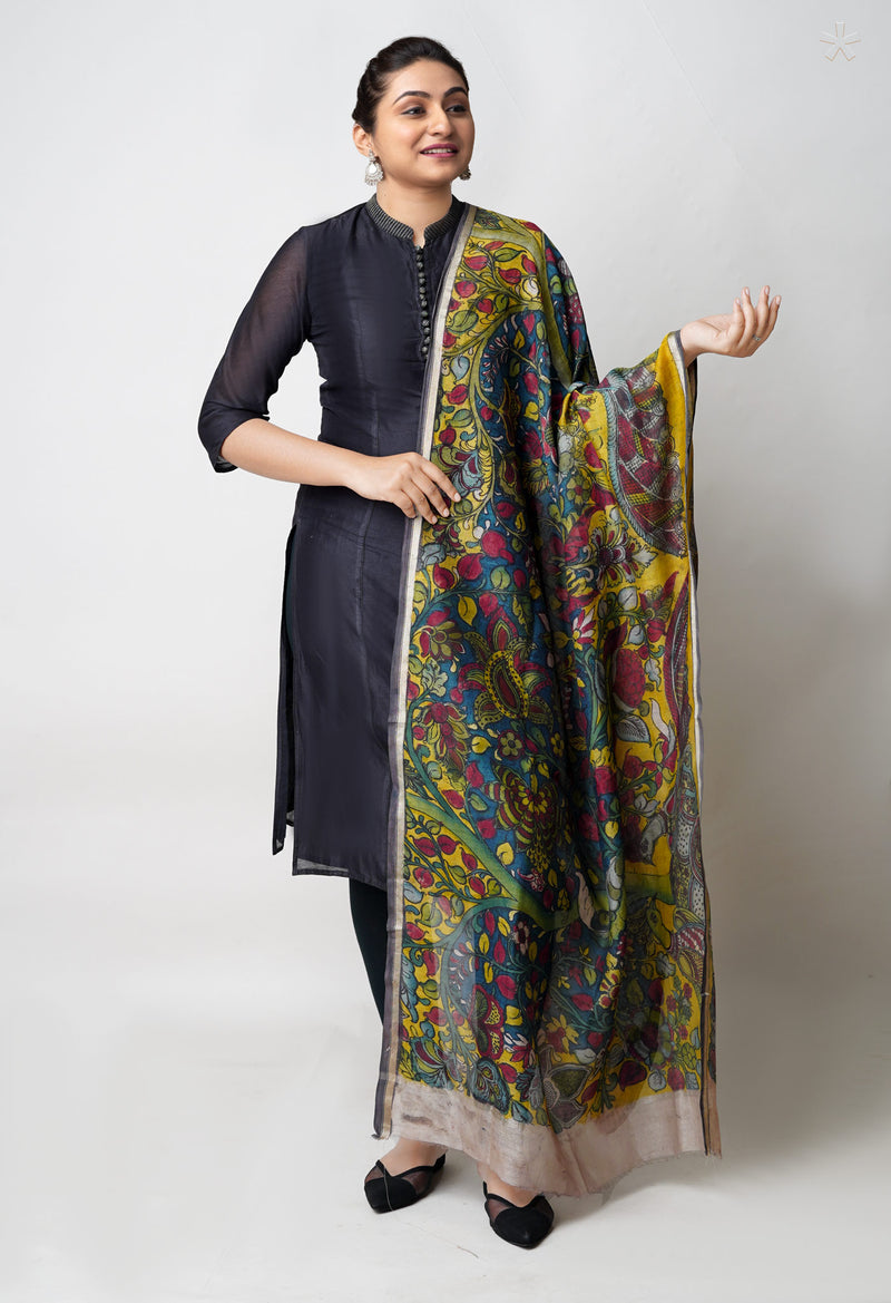 Peacock Blue Pure Pen Kalamkari Hand Painted Chanderi Cotton Silk Dupatta –UDS5464