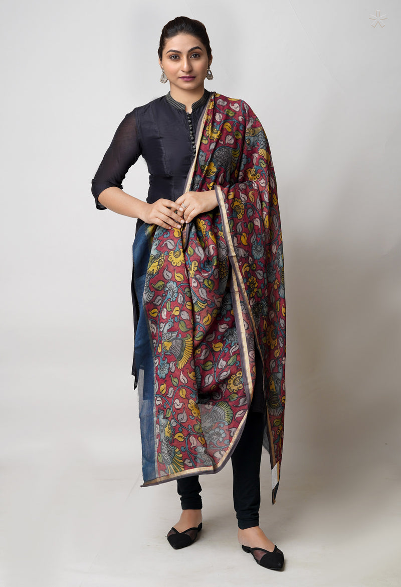 Red Pure Pen Kalamkari Hand Painted Chanderi Cotton Silk Dupatta –UDS5465