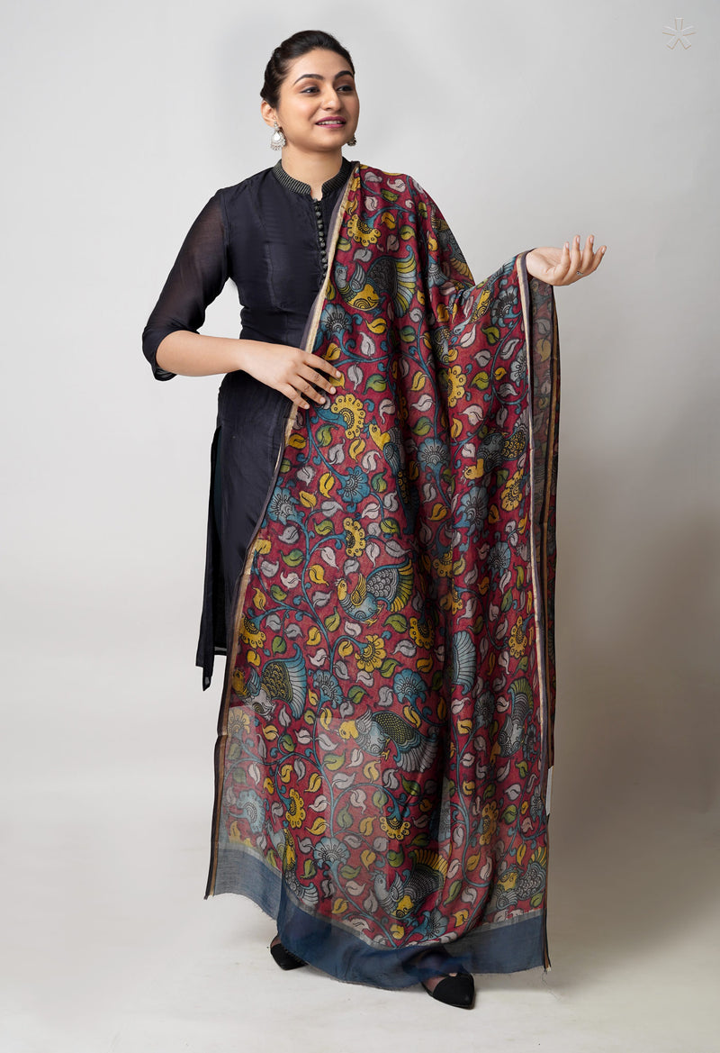 Red Pure Pen Kalamkari Hand Painted Chanderi Cotton Silk Dupatta –UDS5465