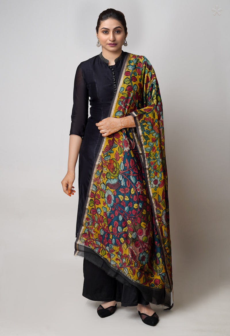 Multi Pure Pen Kalamkari Hand Painted Chanderi Cotton Silk Dupatta –UDS5466