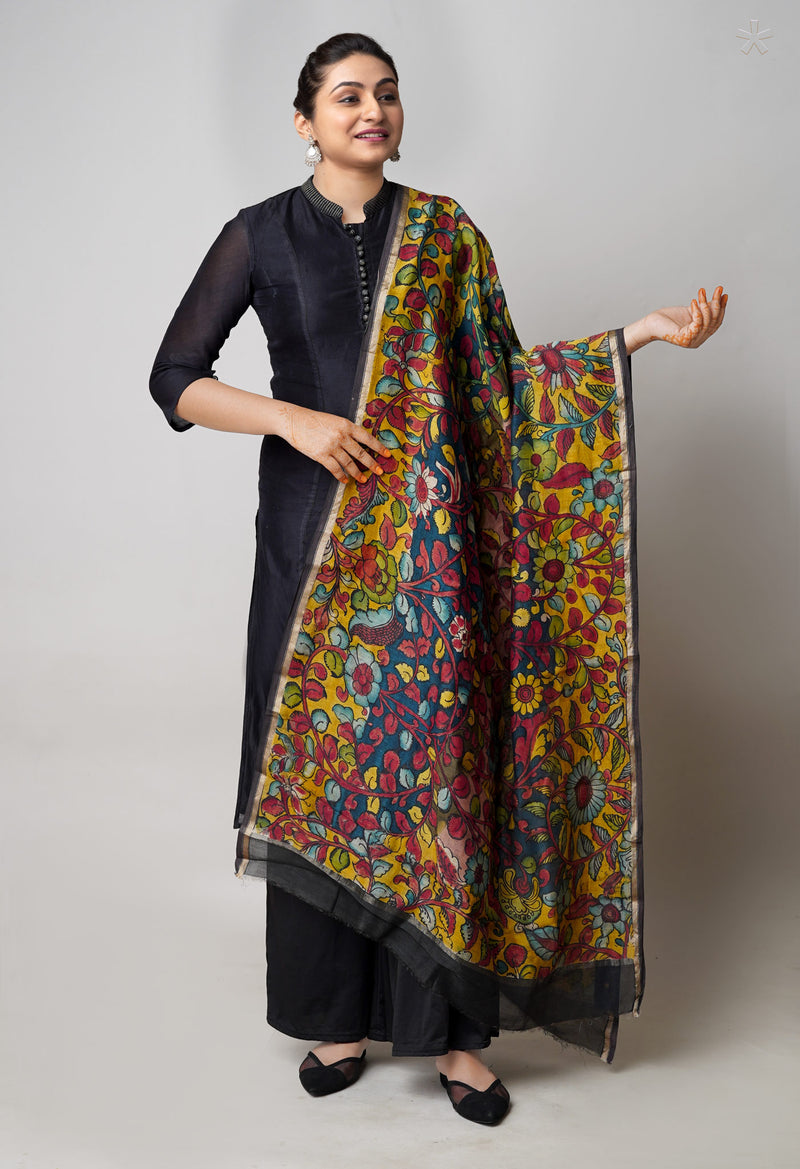 Multi Pure Pen Kalamkari Hand Painted Chanderi Cotton Silk Dupatta –UDS5466