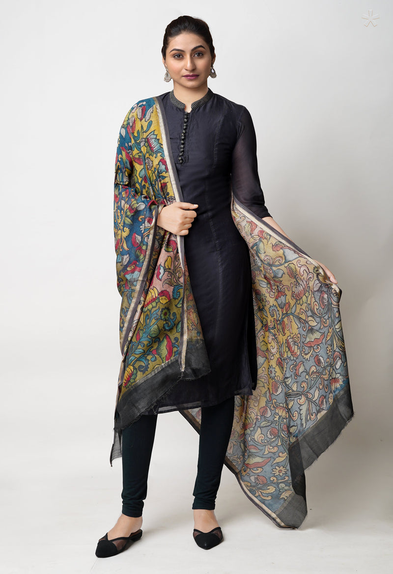 Yellow-Peacock Blue Pure Pen Kalamkari Hand Painted Chanderi Cotton Silk Dupatta –UDS5467
