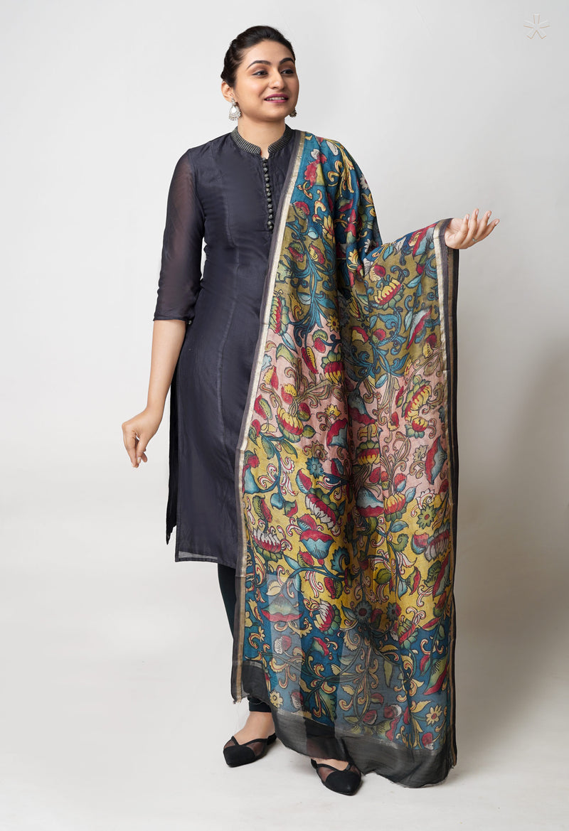 Yellow-Peacock Blue Pure Pen Kalamkari Hand Painted Chanderi Cotton Silk Dupatta –UDS5467
