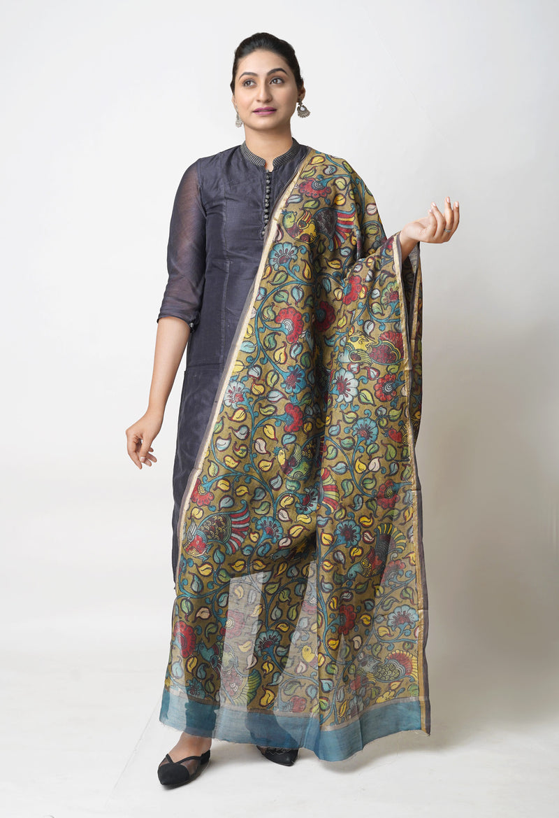 Olive Green Pure Pen Kalamkari Hand Painted Chanderi Cotton Silk Dupatta –UDS5473