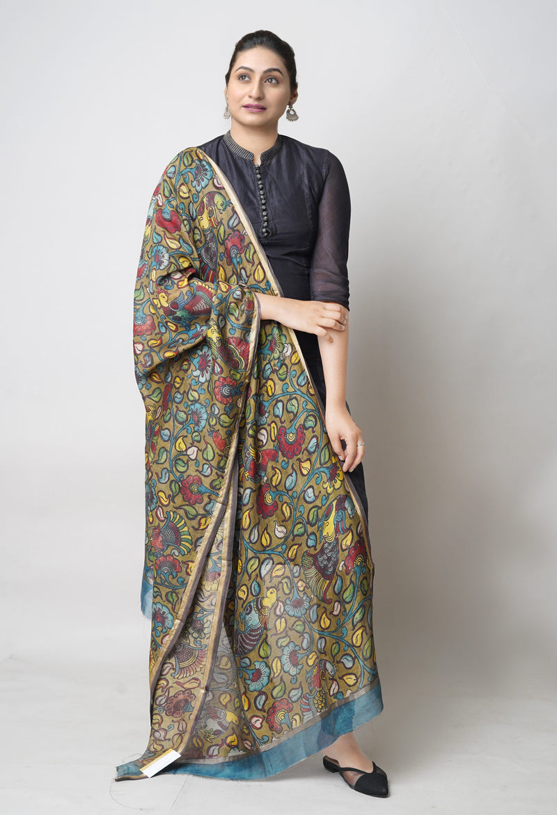 Olive Green Pure Pen Kalamkari Hand Painted Chanderi Cotton Silk Dupatta –UDS5473