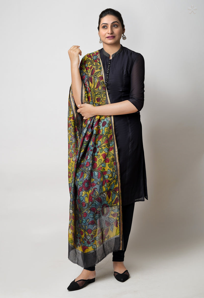 Grey-Yellow Pure Pen Kalamkari Hand Painted Chanderi Cotton Silk Dupatta –UDS5475