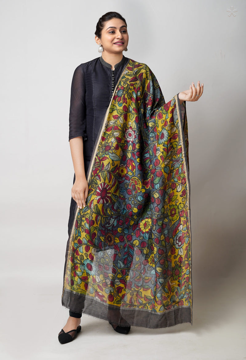 Grey-Yellow Pure Pen Kalamkari Hand Painted Chanderi Cotton Silk Dupatta –UDS5475