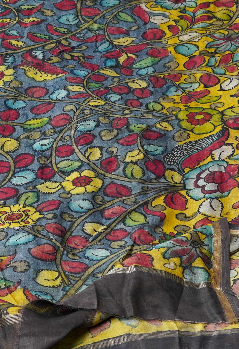 Grey-Yellow Pure Pen Kalamkari Hand Painted Chanderi Cotton Silk Dupatta –UDS5475