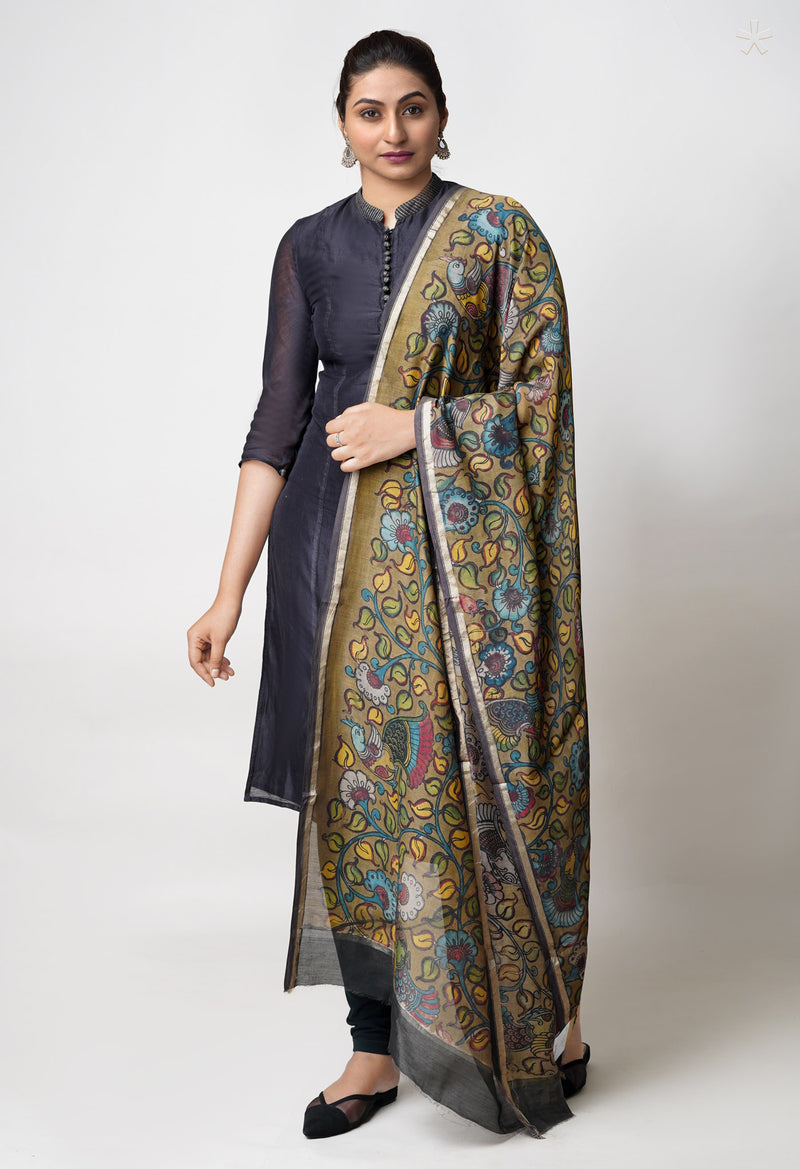Olive Green Pure Pen Kalamkari Hand Painted Chanderi Cotton Silk Dupatta –UDS5476