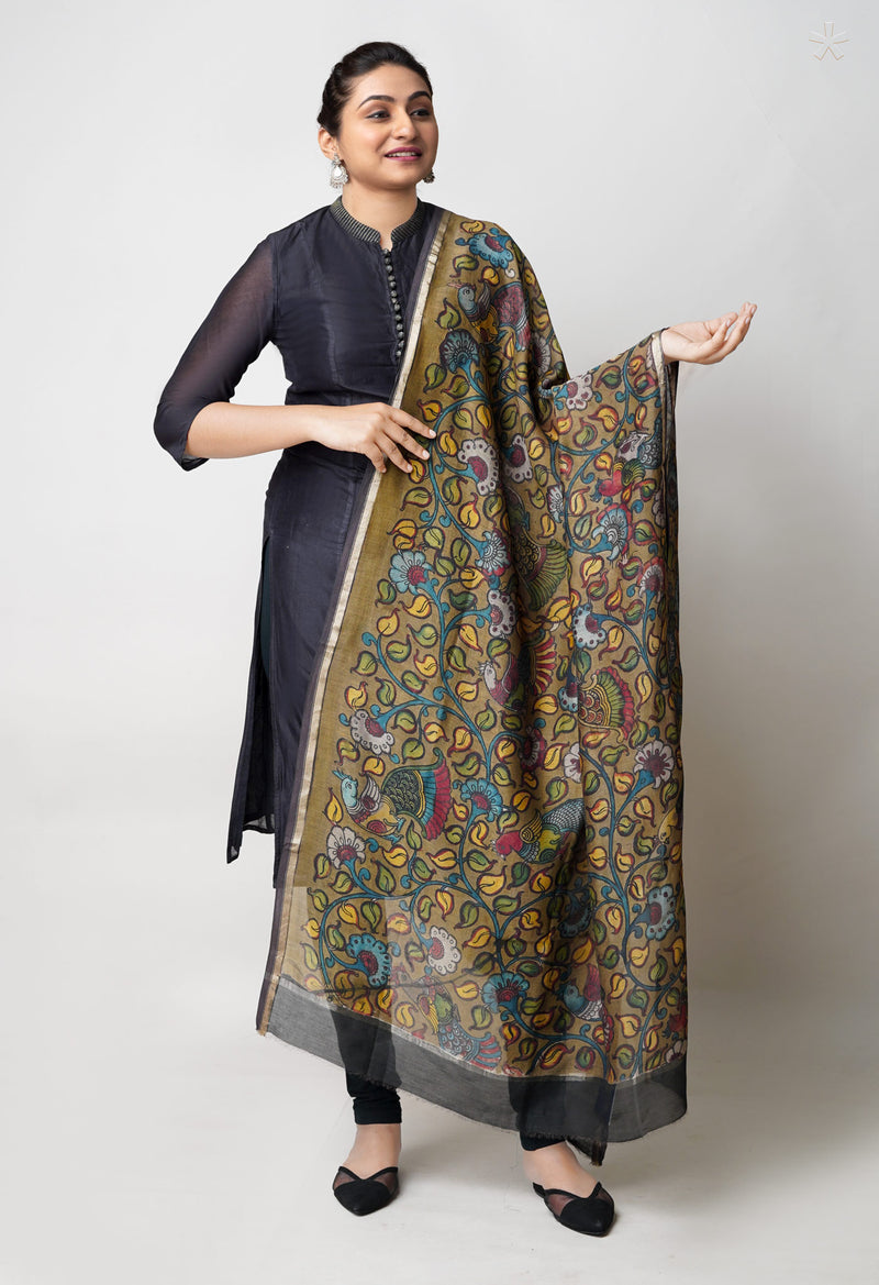 Olive Green Pure Pen Kalamkari Hand Painted Chanderi Cotton Silk Dupatta –UDS5476
