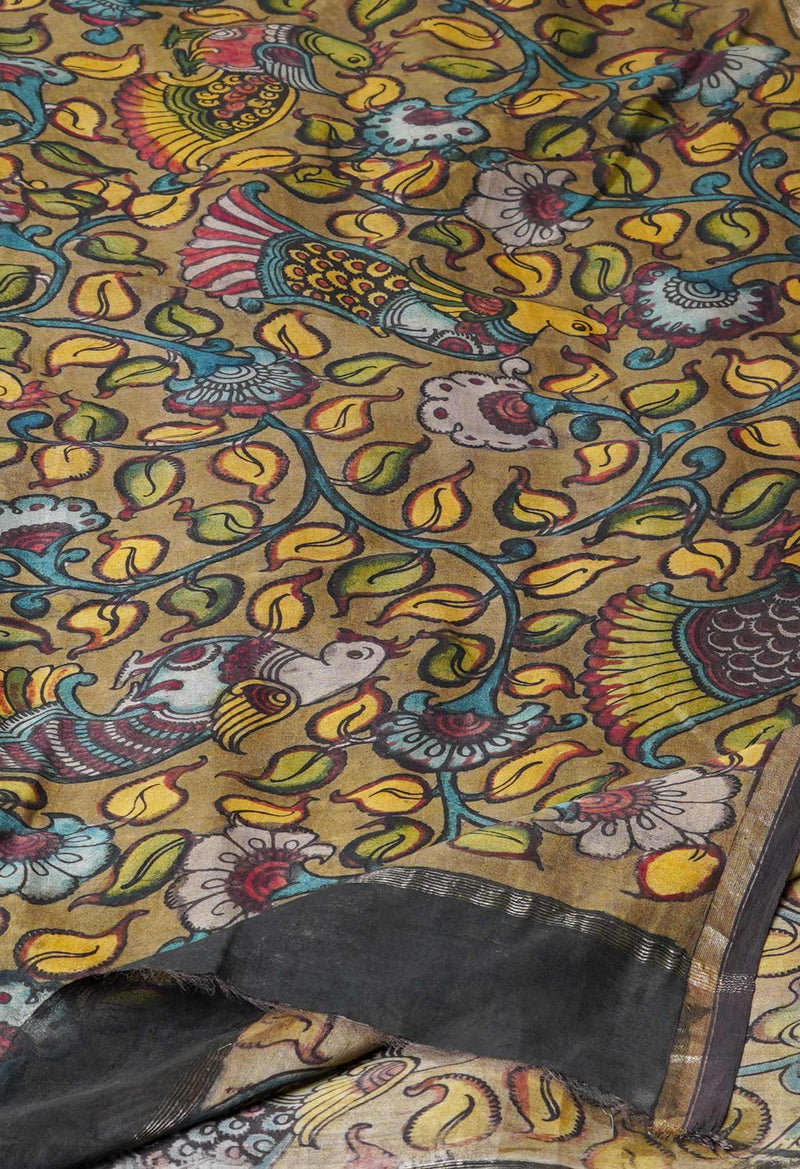 Olive Green Pure Pen Kalamkari Hand Painted Chanderi Cotton Silk Dupatta –UDS5476