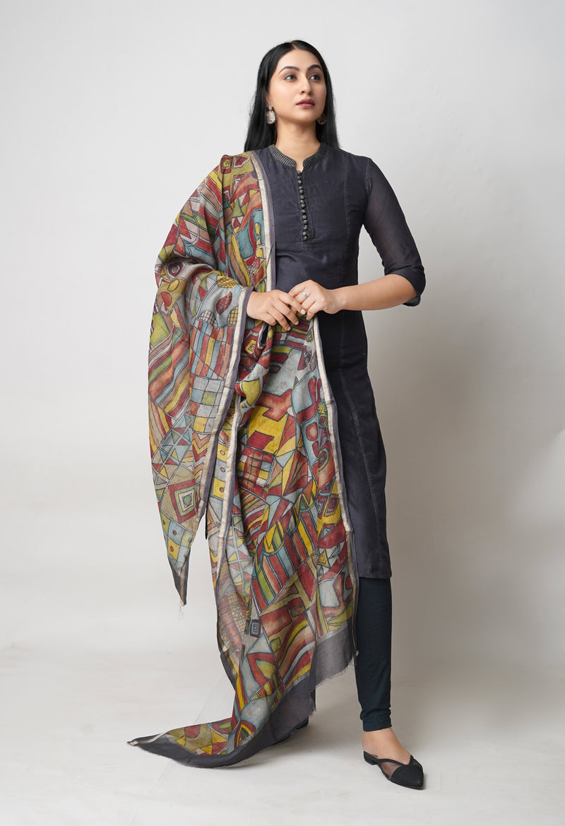 Multi Pure Pen Kalamkari Hand Painted Chanderi Cotton Silk Dupatta –UDS5478