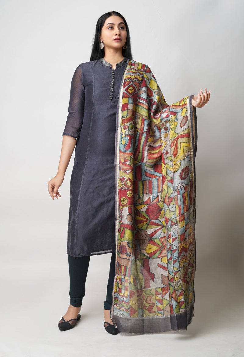 Multi Pure Pen Kalamkari Hand Painted Chanderi Cotton Silk Dupatta –UDS5478