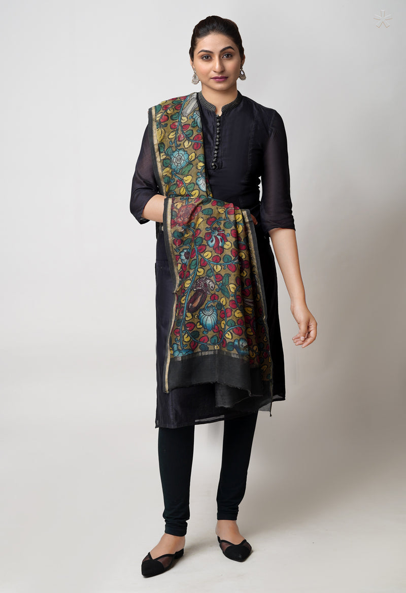 Olive Green Pure Pen Kalamkari Hand Painted Chanderi Cotton Silk Dupatta –UDS5479