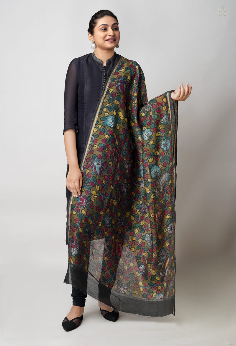 Olive Green Pure Pen Kalamkari Hand Painted Chanderi Cotton Silk Dupatta –UDS5479