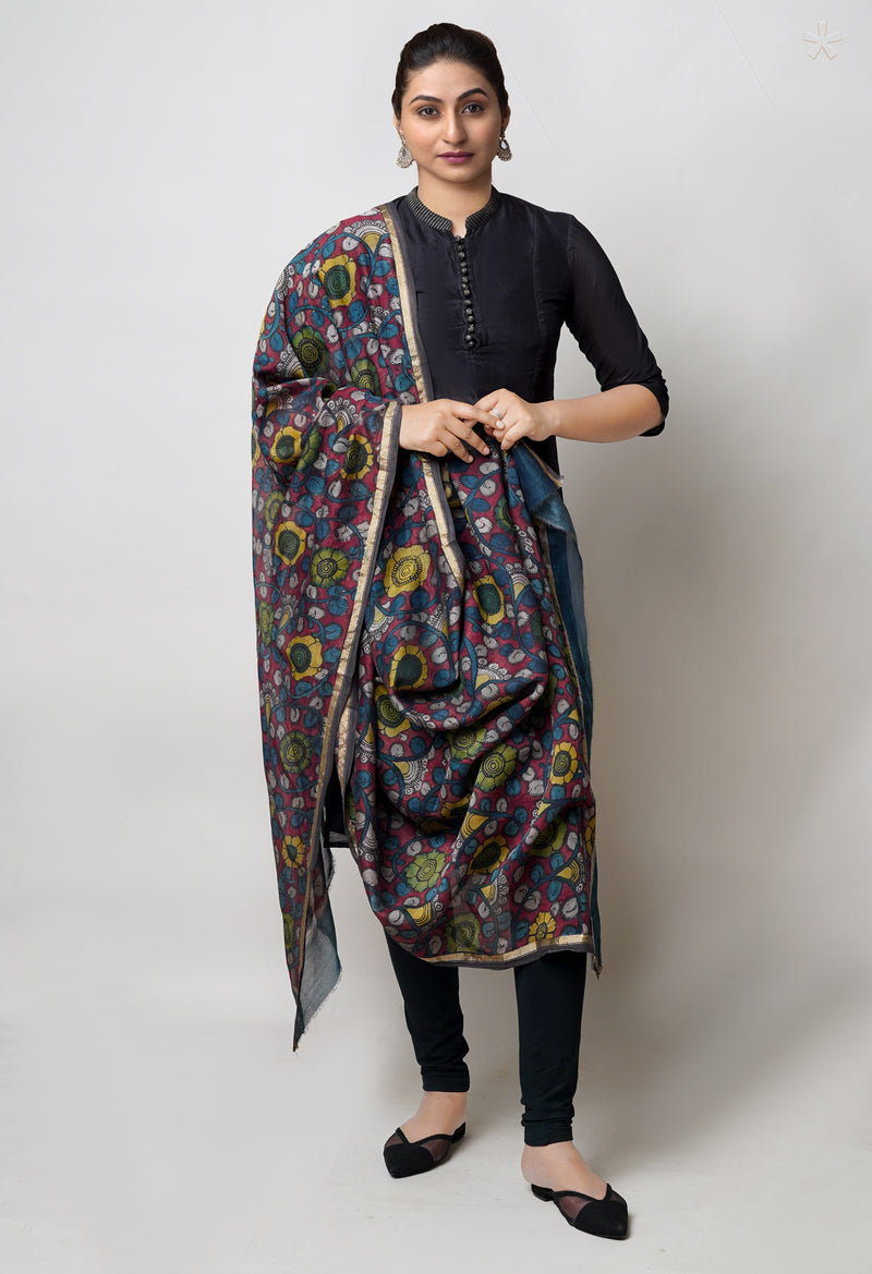 Red Pure Pen Kalamkari Hand Painted Chanderi Cotton Silk Dupatta –UDS5480