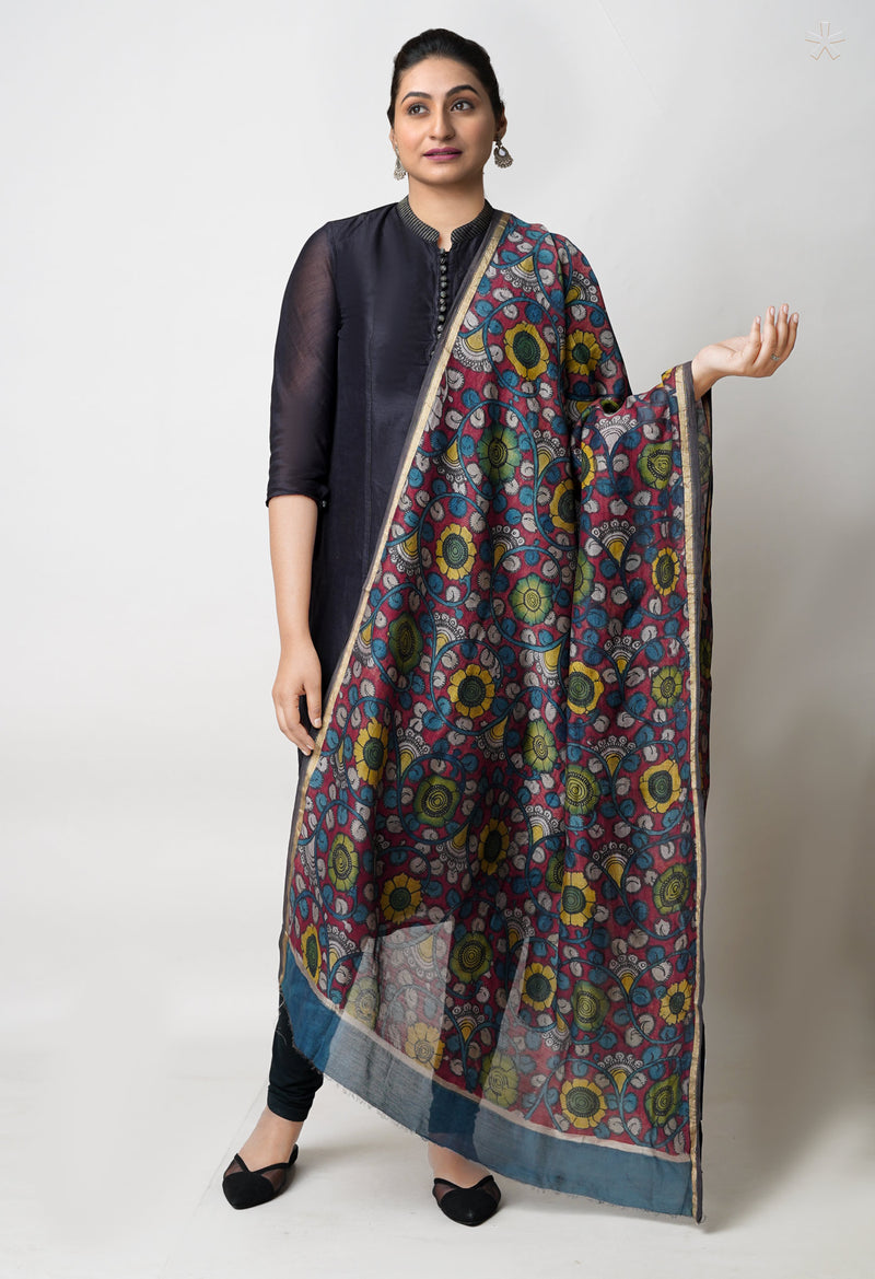 Red Pure Pen Kalamkari Hand Painted Chanderi Cotton Silk Dupatta –UDS5480