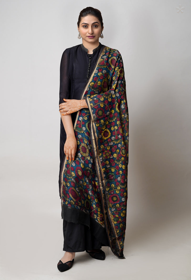 Peacock Blue Pure Pen Kalamkari Hand Painted Chanderi Cotton Silk Dupatta –UDS5481