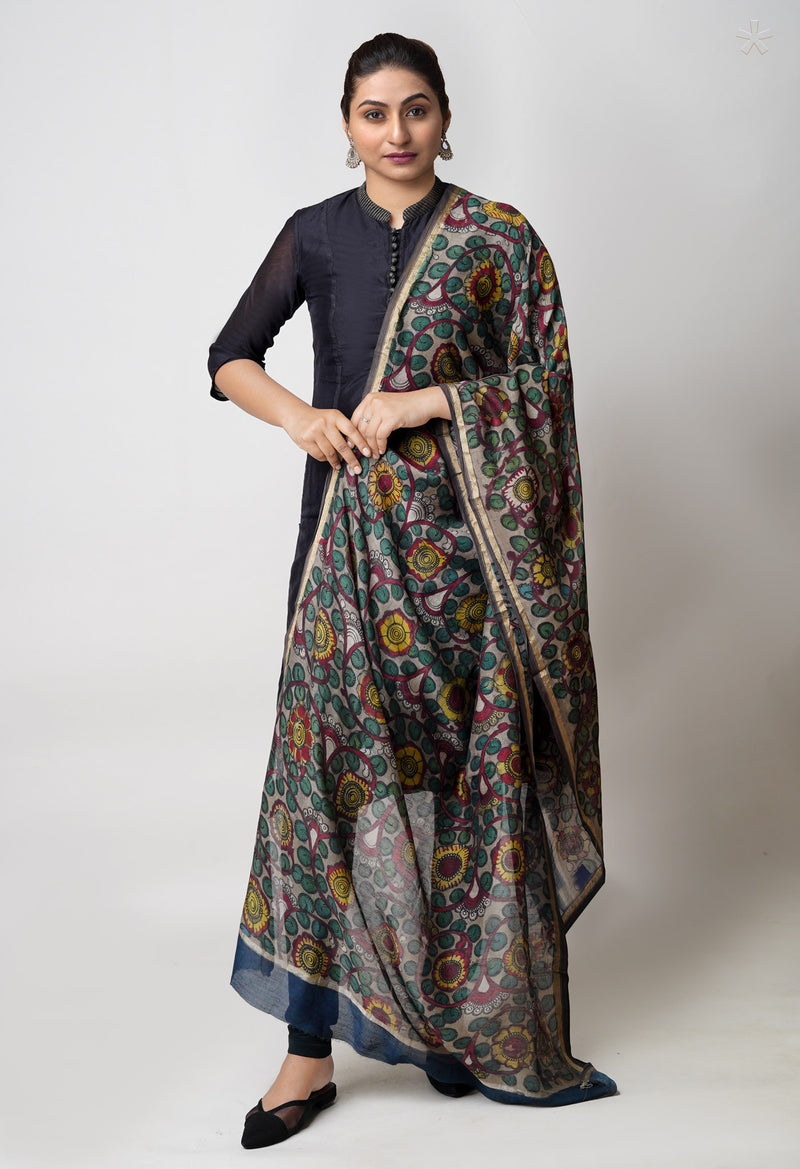 Grey Pure Pen Kalamkari Hand Painted Chanderi Cotton Silk Dupatta –UDS5483