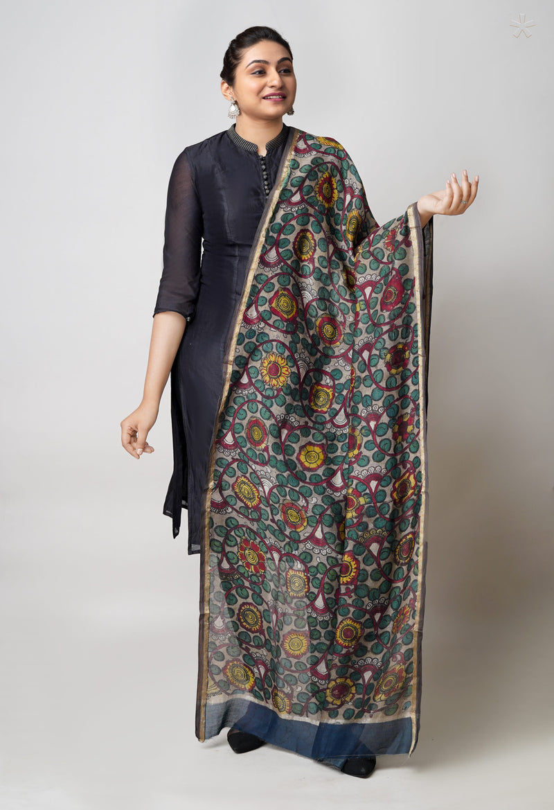 Grey Pure Pen Kalamkari Hand Painted Chanderi Cotton Silk Dupatta –UDS5483