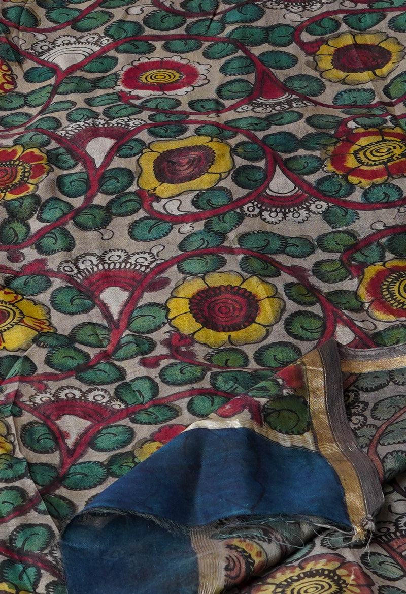 Grey Pure Pen Kalamkari Hand Painted Chanderi Cotton Silk Dupatta –UDS5483