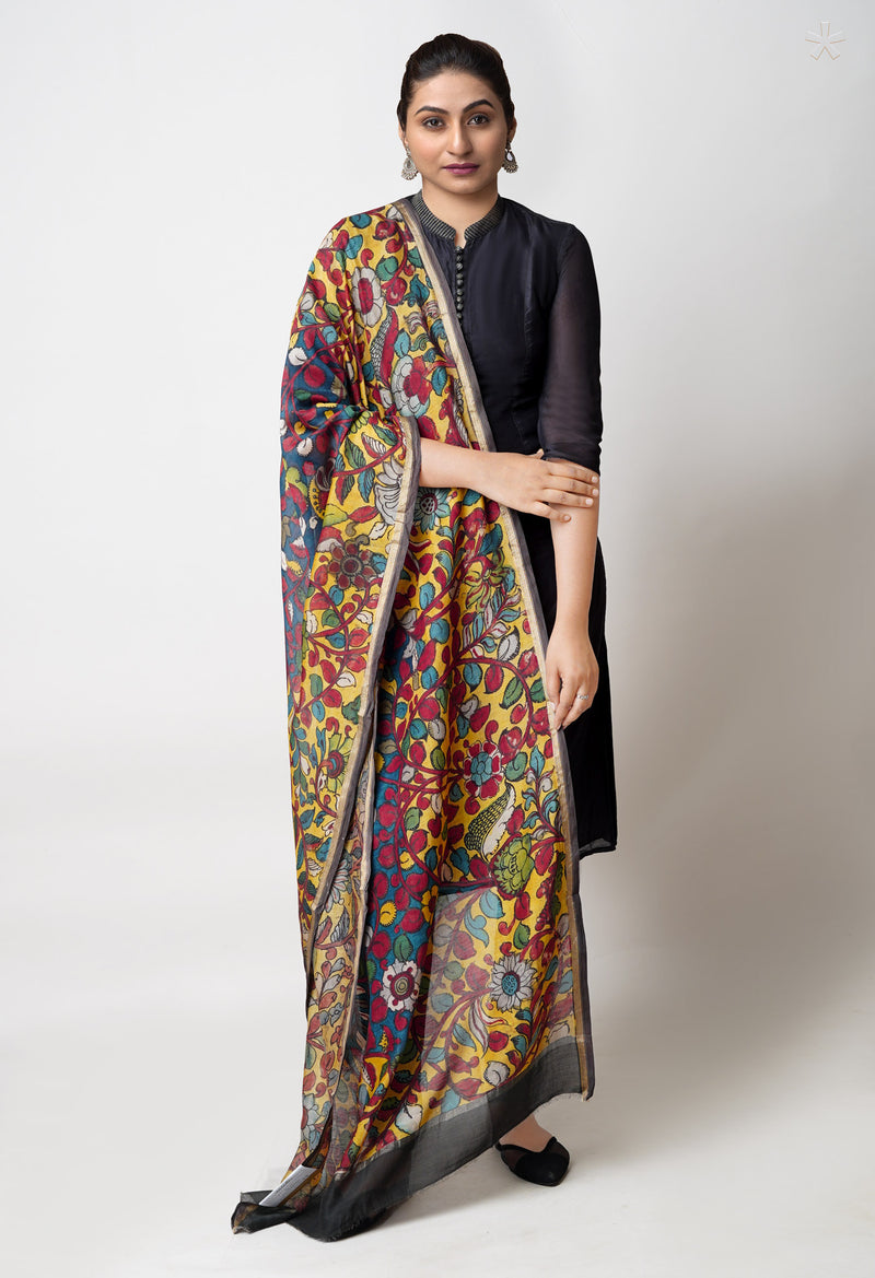 Yellow-Peacock Blue Pure Pen Kalamkari Hand Painted Chanderi Cotton Silk Dupatta –UDS5484