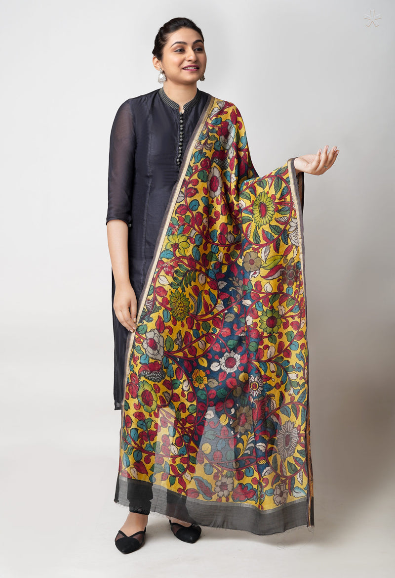 Yellow-Peacock Blue Pure Pen Kalamkari Hand Painted Chanderi Cotton Silk Dupatta –UDS5484
