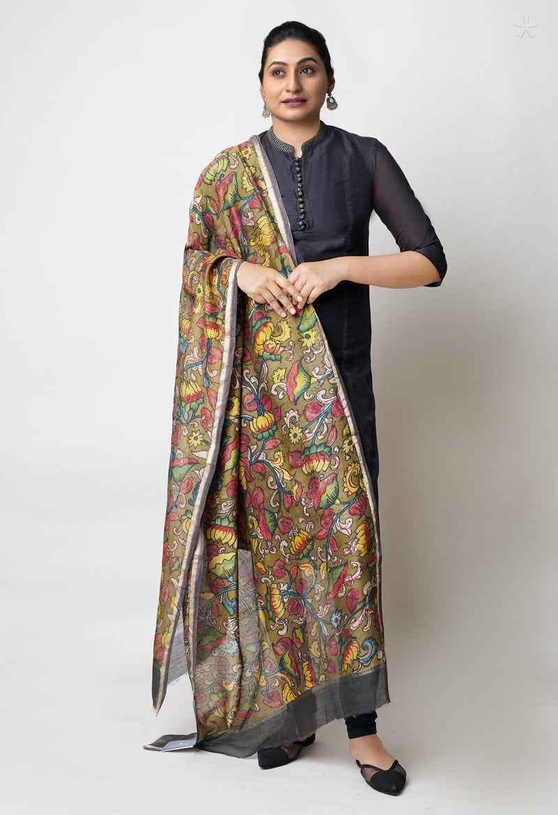 Olive Green Pure Pen Kalamkari Hand Painted Chanderi Cotton Silk Dupatta –UDS5485