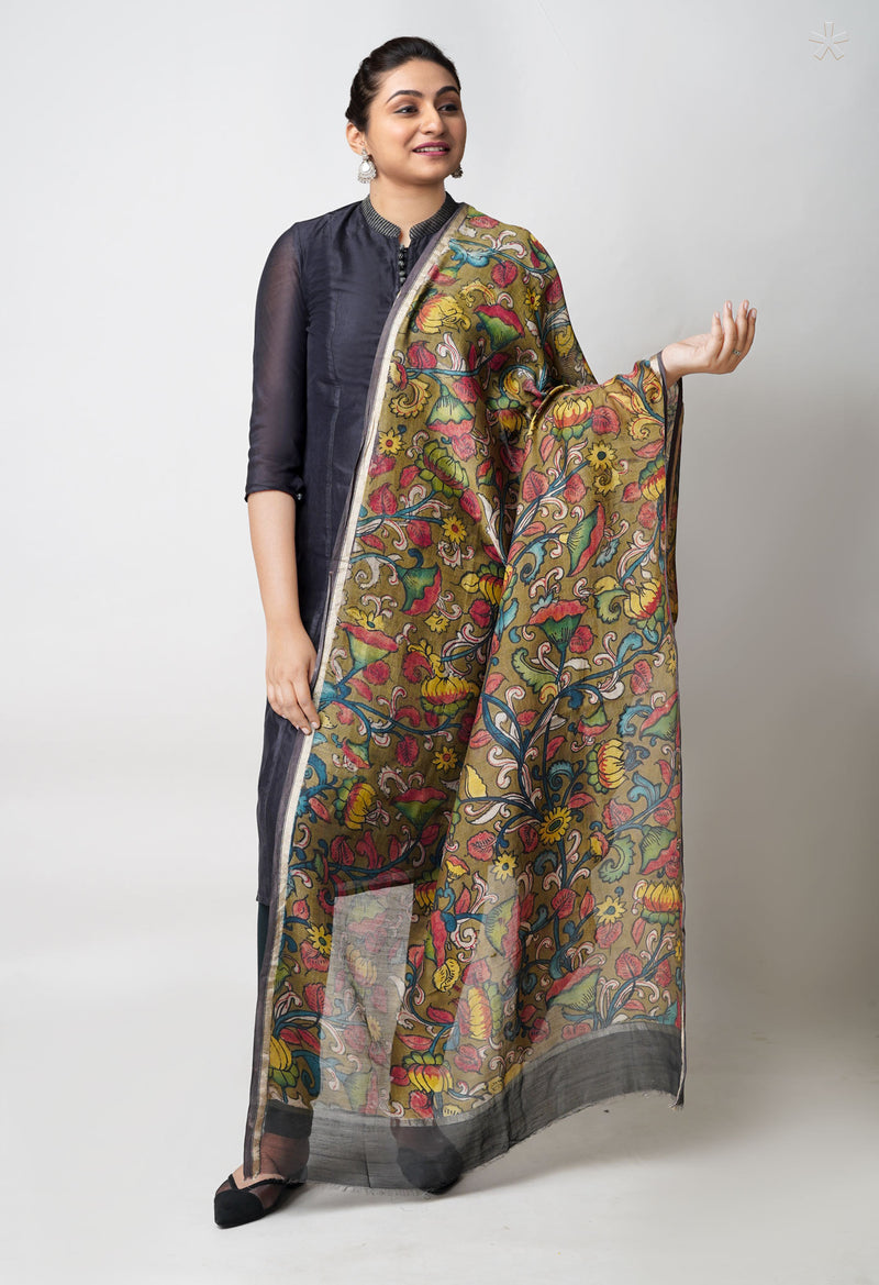 Olive Green Pure Pen Kalamkari Hand Painted Chanderi Cotton Silk Dupatta –UDS5485