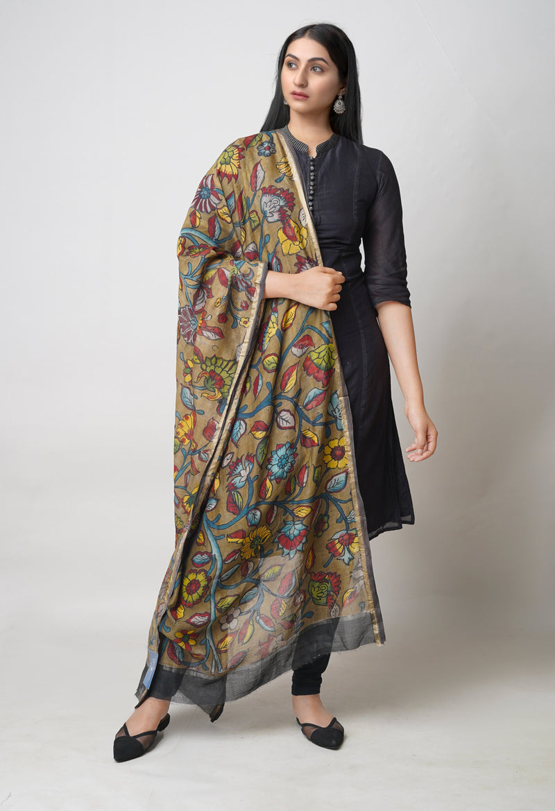 Brown Pure Pen Kalamkari Hand Painted Chanderi Cotton Silk Dupatta –UDS5486