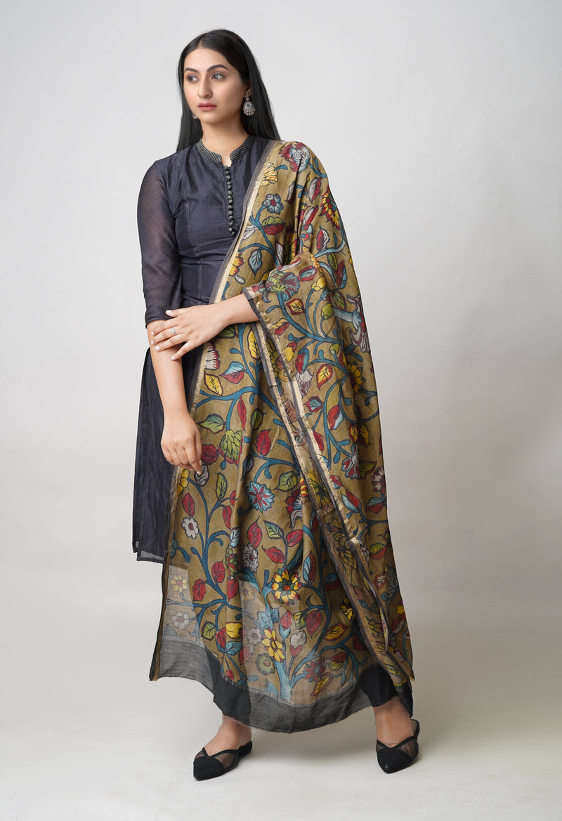 Brown Pure Pen Kalamkari Hand Painted Chanderi Cotton Silk Dupatta –UDS5486