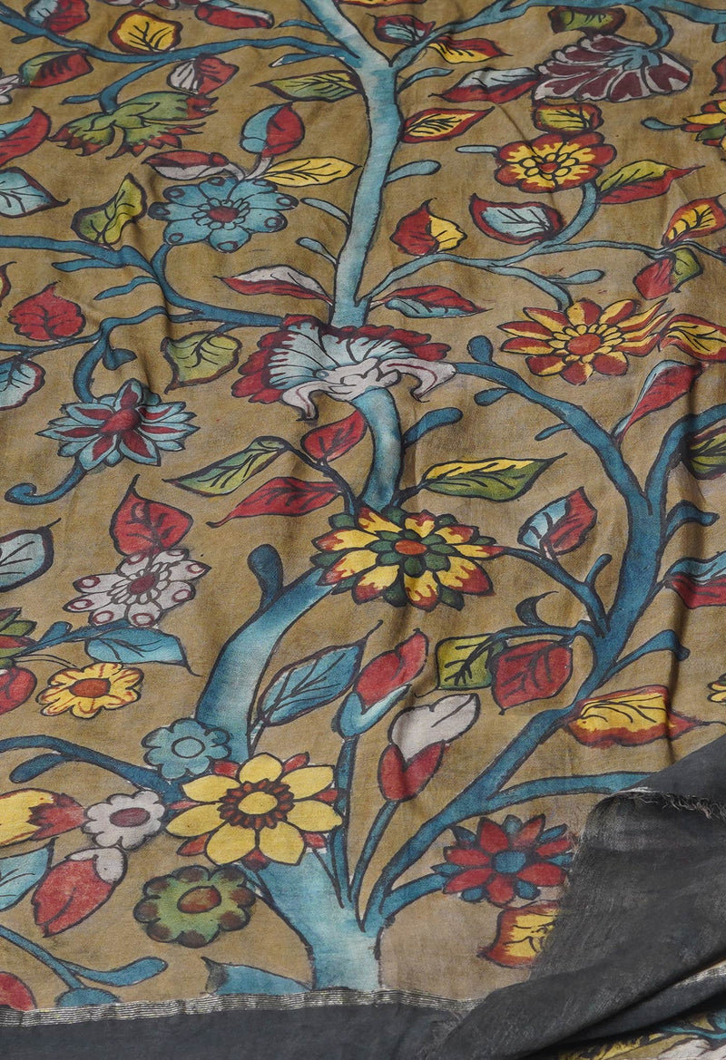 Brown Pure Pen Kalamkari Hand Painted Chanderi Cotton Silk Dupatta –UDS5486