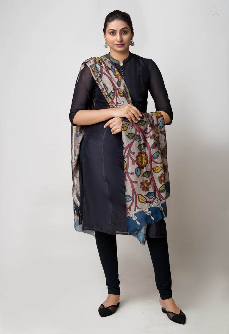Pale Grey Pure Pen Kalamkari Hand Painted Chanderi Cotton Silk Dupatta –UDS5487