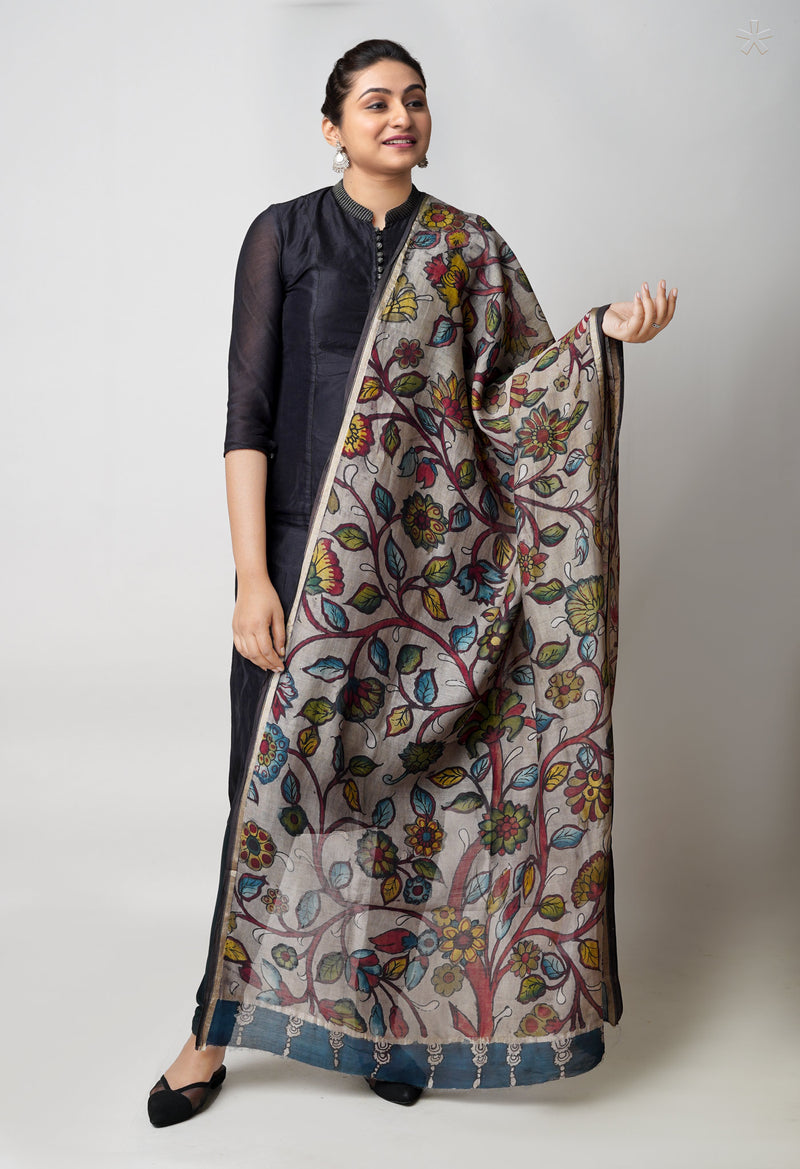 Pale Grey Pure Pen Kalamkari Hand Painted Chanderi Cotton Silk Dupatta –UDS5487