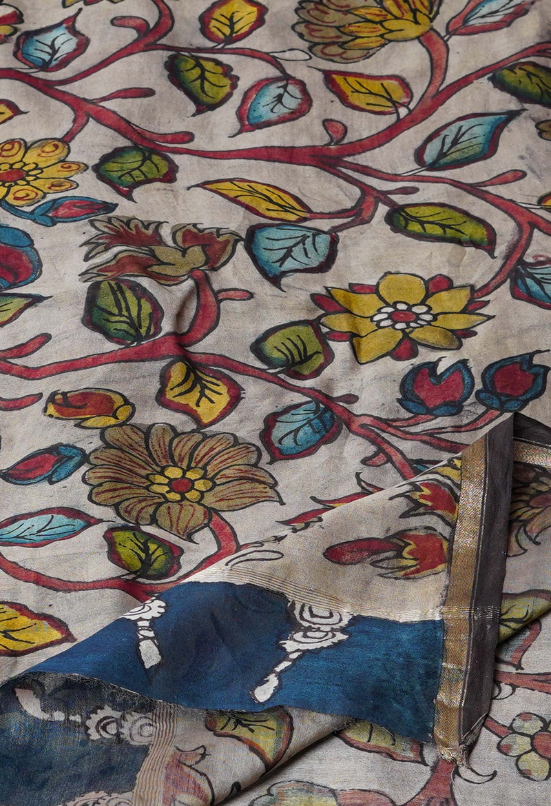 Pale Grey Pure Pen Kalamkari Hand Painted Chanderi Cotton Silk Dupatta –UDS5487