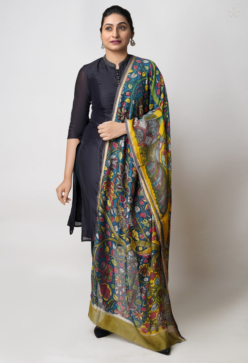 Peacock Blue-Yellow Pure Pen Kalamkari Hand Painted Chanderi Cotton Silk Dupatta –UDS5488