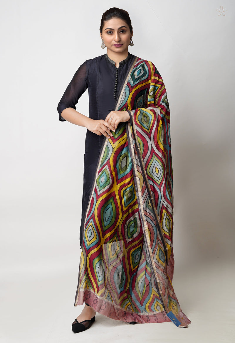 Multi Pure Pen Kalamkari Hand Painted Chanderi Cotton Silk Dupatta –UDS5489