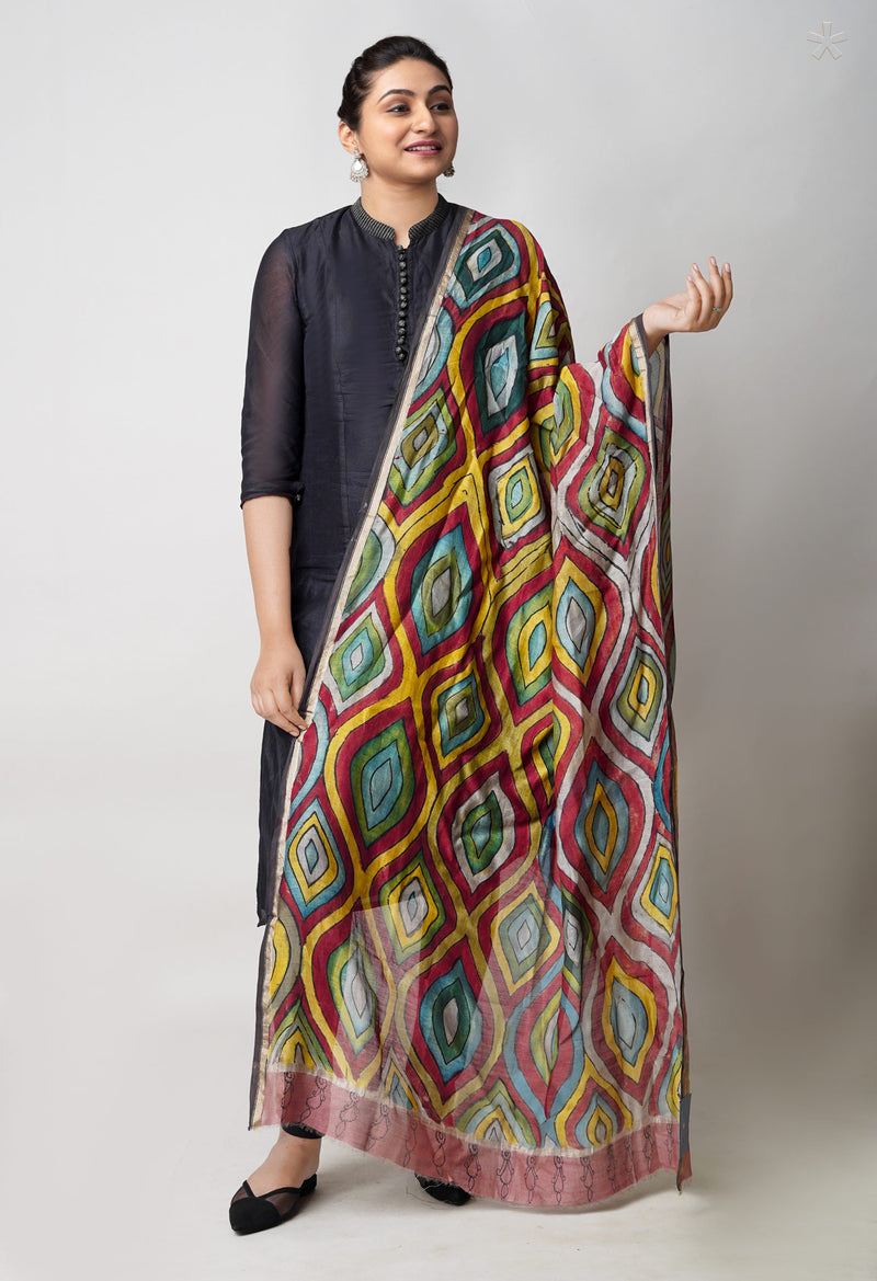 Multi Pure Pen Kalamkari Hand Painted Chanderi Cotton Silk Dupatta –UDS5489